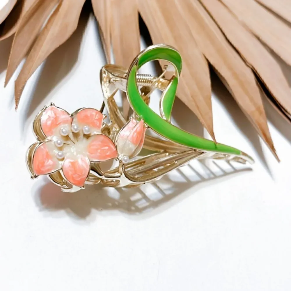 Pink flower hair clips #1020